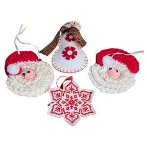 4-Handmade Vintage Ornaments 2-Santa (Crochet); a Snowflake and a Snowman (Felt)